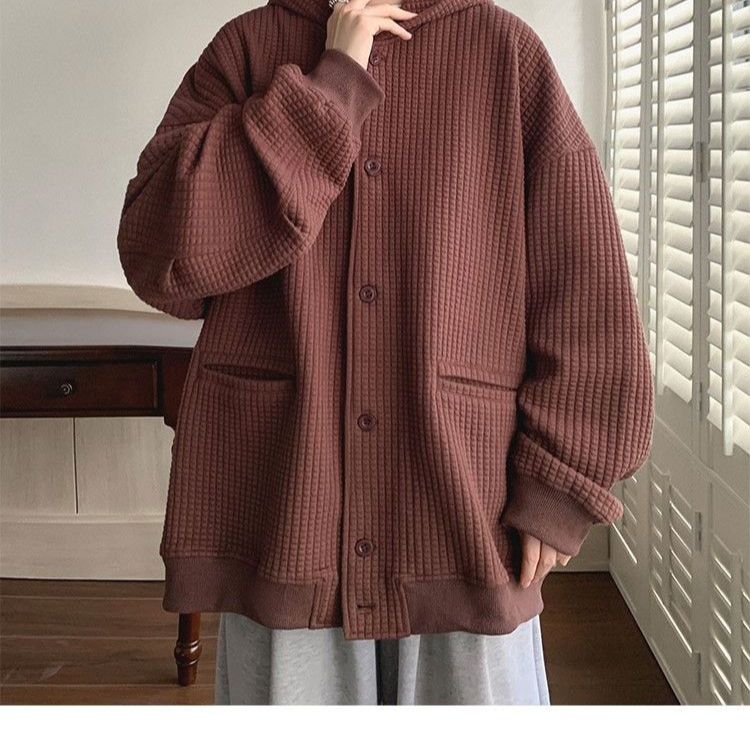 Spring Autumn Winter Fashion Casual Cardigan Jacket Men's Loose Cool Boys Soft Solid Button Hoodie Knitted Waffle Coat