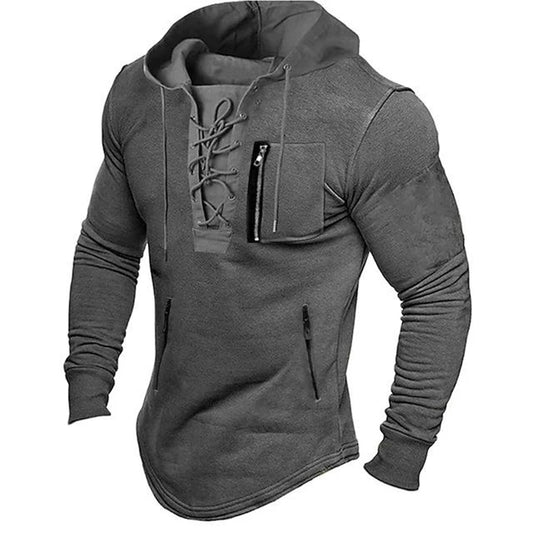 FORUWISH  -  2024 Men Autumn Spring Top Lace Up Drawstring Solid Color Long Sleeve Zipper Pockets Pullover Streetwear Men Mid Length Hoodie