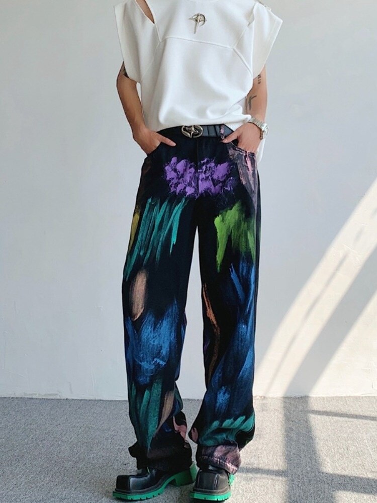 Oldschool hand-painted oil painting jeans with colorful paint style, high-end pants, trendy floor mops