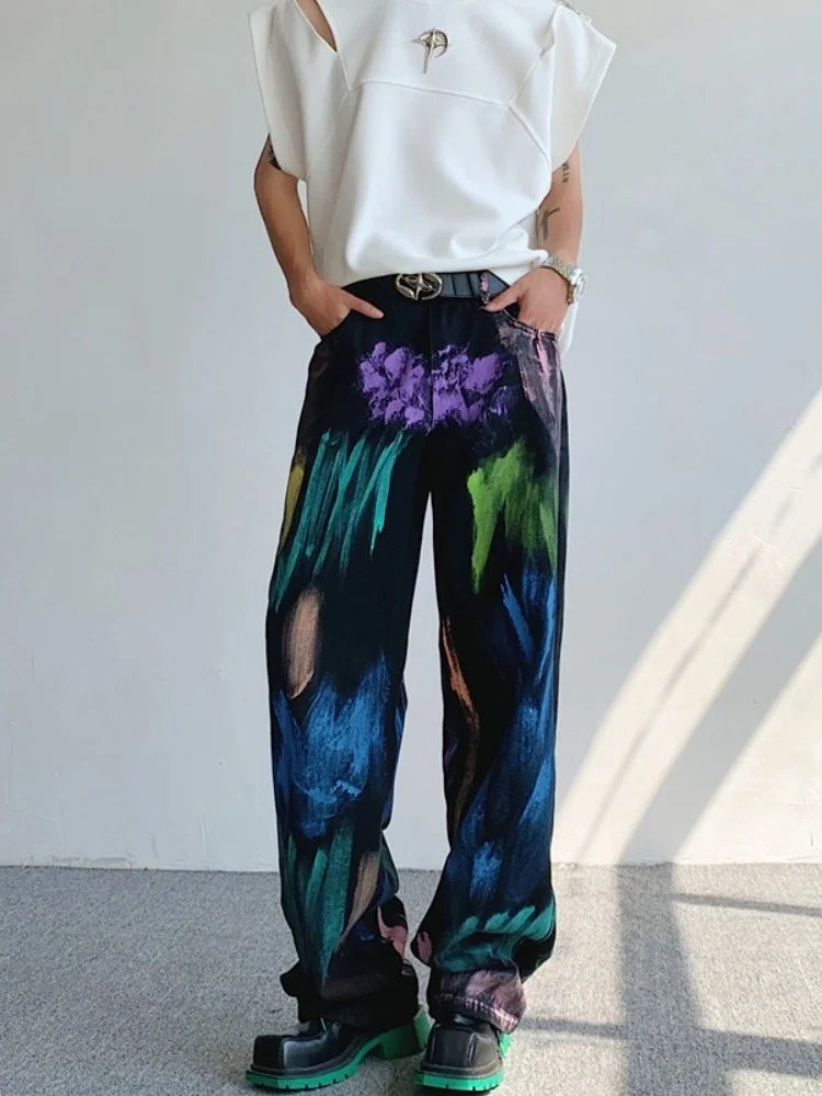 Oldschool Hand-painted Oil Painting Jeans with Colorful Paint Style, High-end Pants, Trendy Floor Mops