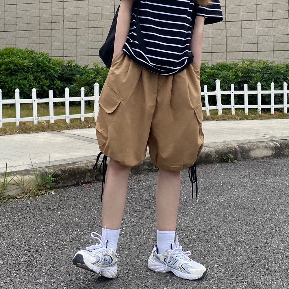 Summer Drawstring Cargo Shorts Ins Trend Streetwear Vintage Wide Leg Half Pants Plus Size Loose Casual Pants Men and Women