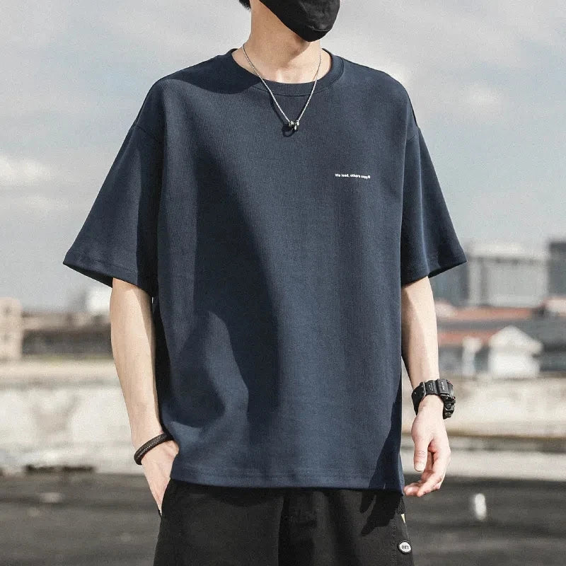 Spring Summer Fashion Solid Casual Loose Tess 100% Cotton T-Shirts Men'S Top Simple Pullover Short Sleeve Letter Sport