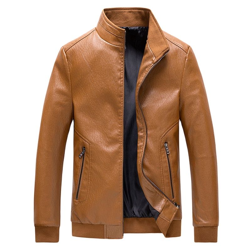 Autumn Winter Mens Motorcycle Jacket  Solid Color Stand Collar PU Leather Jackets Men Casual Moto Biker Coat Zipper Outerwear