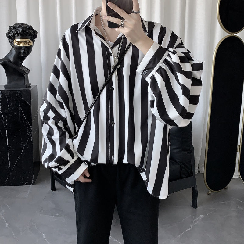 Fashion Lapel Spliced Button Korean Striped Shirt Men's Clothing  Autumn New Loose Casual Tops Long Sleeve All-match Shirt