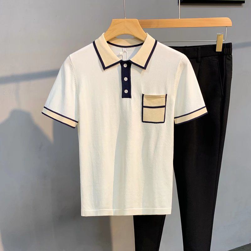 2023 Men's Summer Fashion Lapel Ice Silk Thin T-shirt Male Striped Knitted Polo Shirt Men Short Sleeve Casual Tee Tops D32