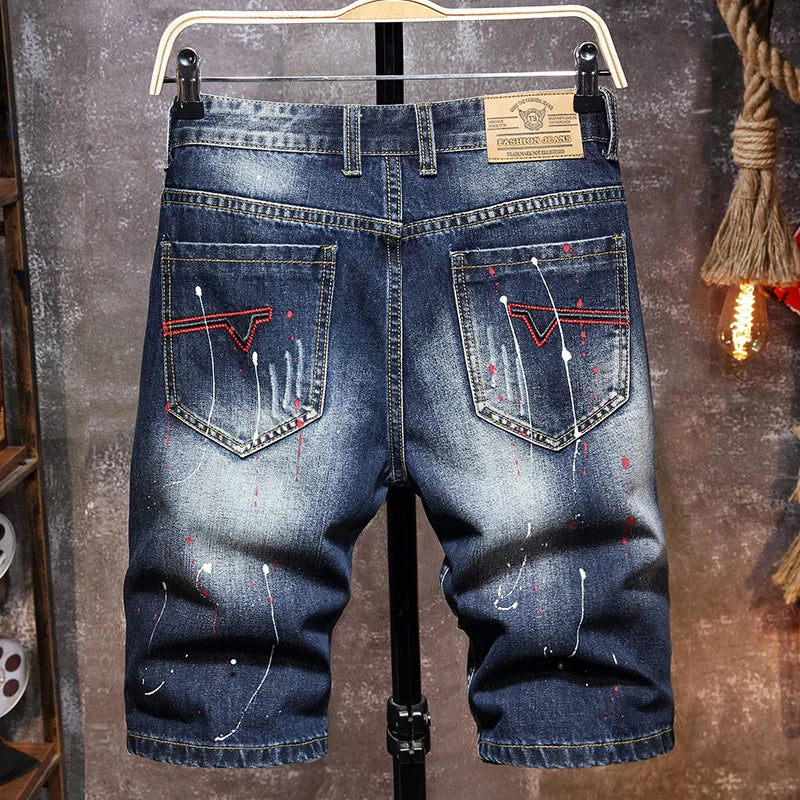 Men's Graffiti Ripped Short Jeans 2024 Summer New Fashion Casual Slim Big Hole Retro Style Denim Shorts Male Brand Clothes