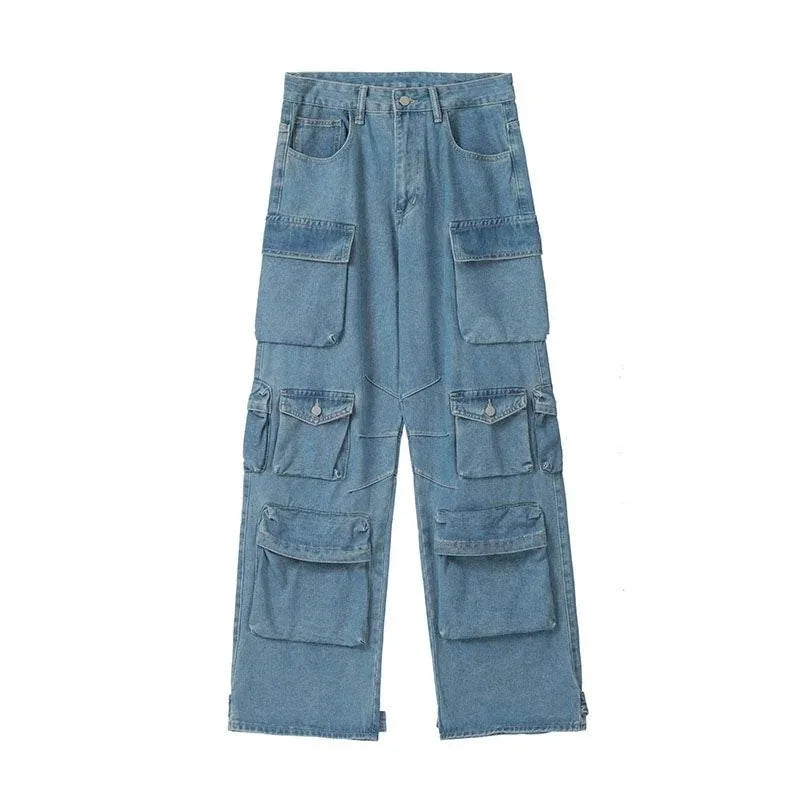 Multi-Pocket Blue Washed Jeans Cargo Pants Y2k Retro Streetwear Fashion High Waist Jeans Couple Harajuku Casual Wide Leg Pants