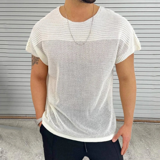 Hollow Out Breathable Knit Tops Men Summer Vintage O Neck Mens Knitted T-shirt Short Sleeve Solid Color Knitting T Shirt