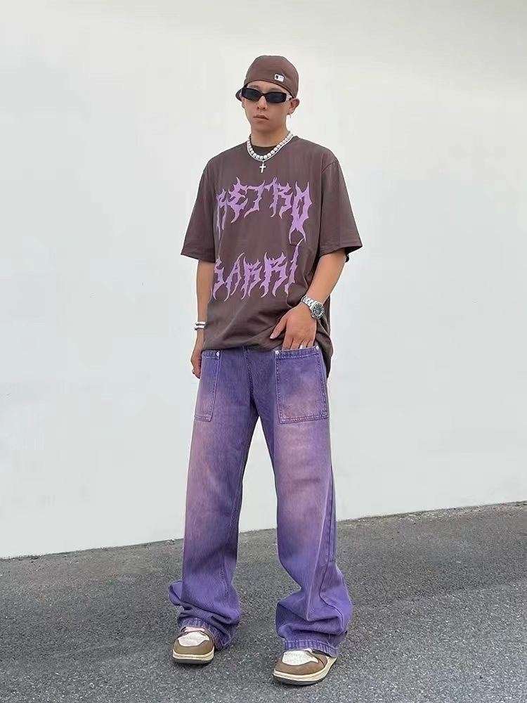 2023 Street made coordinates washed purple jeans for men and women with a unisex style loose fitting bf straight tube fall down