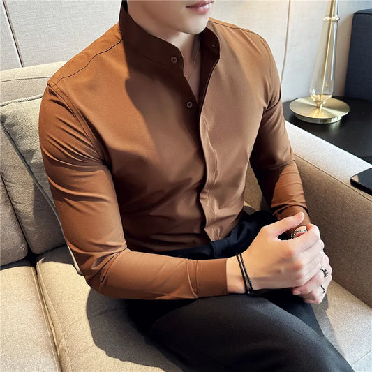 Foruwish - Camisas De Hombre Stand Collar Luxury Shirts For Men Clothing High Quality Camisa Masculina Slim Fit Mens Dress Shirts Formal