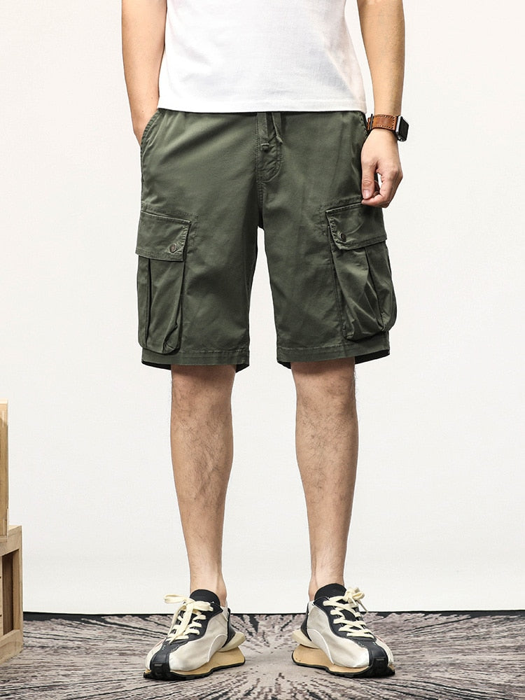 Summer Multi-Pockets Cargo Shorts Men Solid Military Stretch Cotton Casual Bermuda Shorts Male Straight Loose Work Short Pants