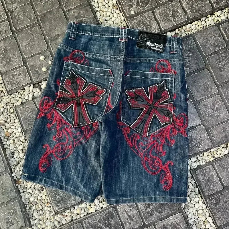 FORUWISH  -  Y2K New Denim Shorts Harajuku Vintage Gothic Wing Letter Embroidery Baggy Jeans Punk Hip hop Gothic Wide-leg Pants Streetwear