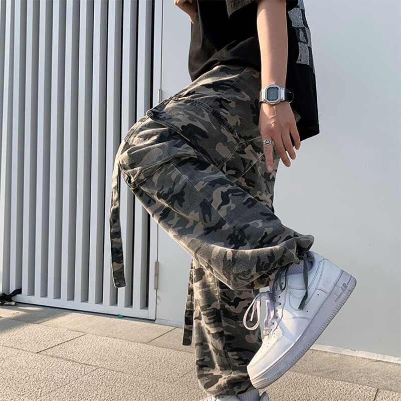 Pants Men American Retro Ribbons High Street Cargo Trousers Loose Spring Military Elastic Waist Large Size All-match Harajuku