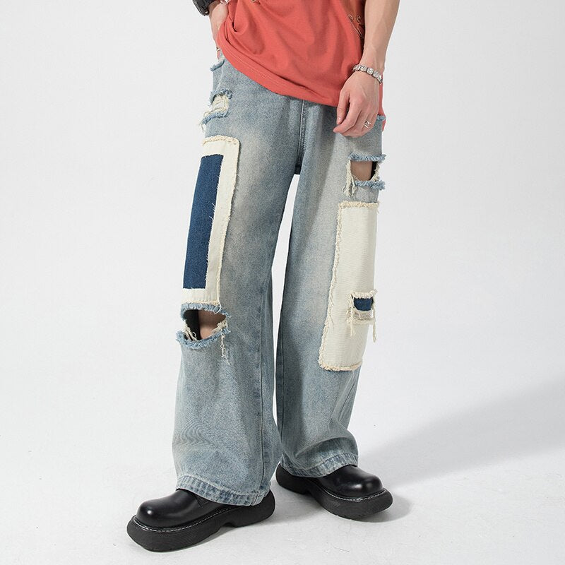 2024 Men's Hole Casual Jean Beggar Pants High Street wear Spliced Jeans Summer Trendy Worn Out Wide Leg Denim Pants streetwear