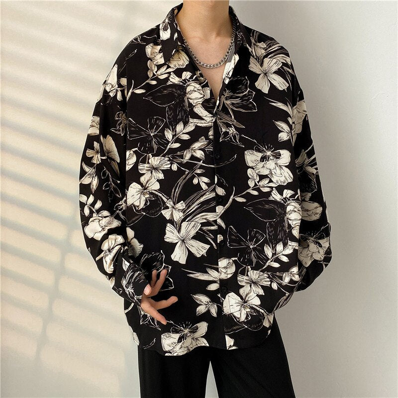 Spring Black Long-sleeved Shirt Men Fashion Society Mens Dress Shirt Korean Loose Casual Flower Shirt Mens Print Shirt M-3XL