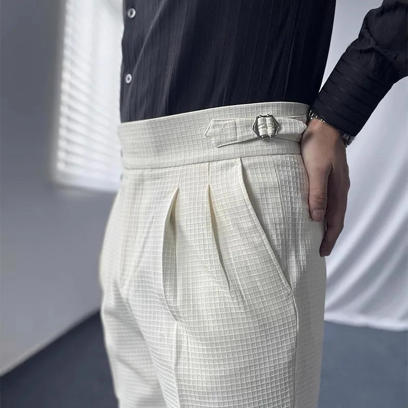 Italian Paris Buckle Naples Suit Pants For Men Smart Casual High Waist Straight Trousers Autumn Fashion Pleated Waffle Pants