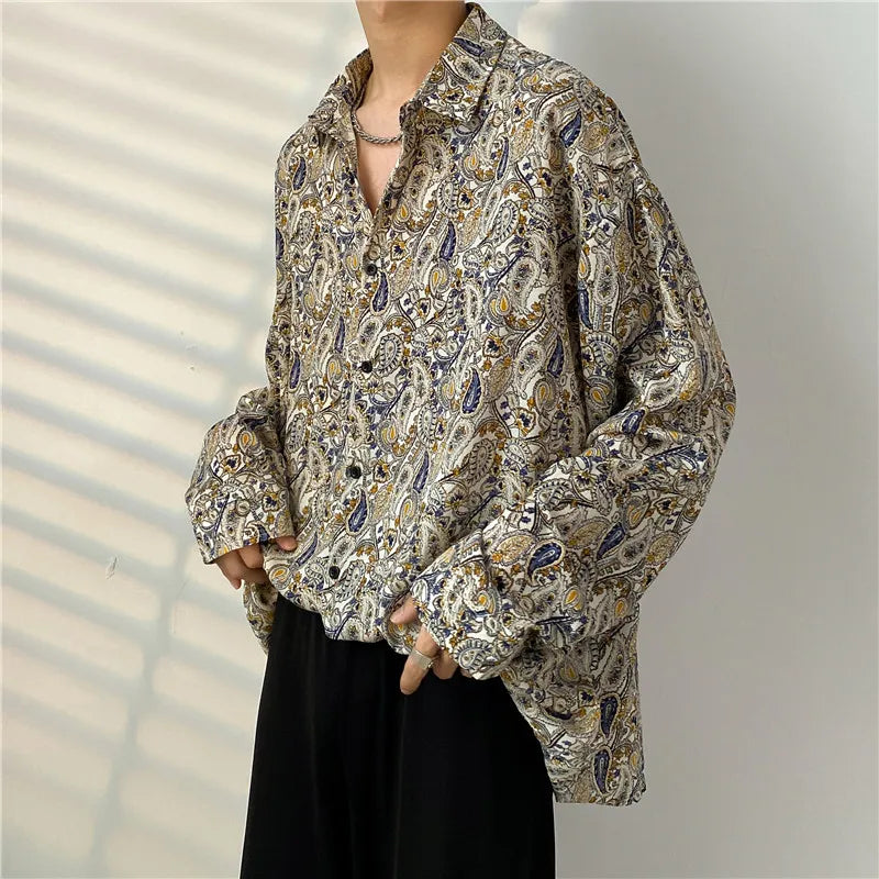 2024 Spring Autumn New Cashew Flower Print Long-sleeved Shirt Korean style Loose Casual Tee Tops Men All-Match Blouse