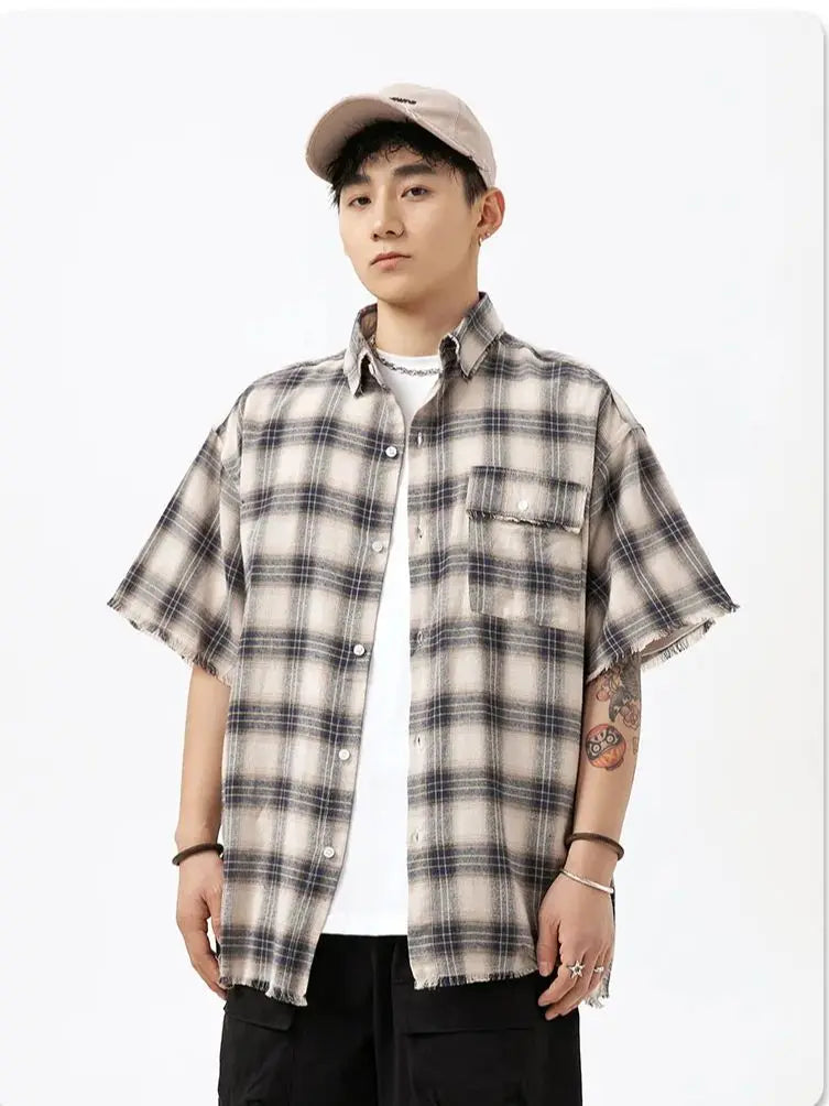 Raw Edge Tassel Destruction Design Short Sleeve Shirt Men and Women Summer Japanese Retro Versatile Loose Plaid Blouse Jacket