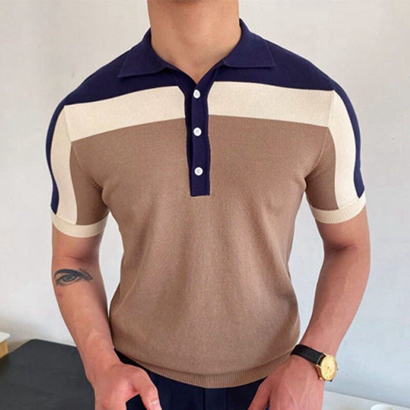 Polo Men T-shirt Knitwear Patchwork Short Sleeve Casual Slim Fit Button Cardigan Breathable Summer Polo Shirt Fashion