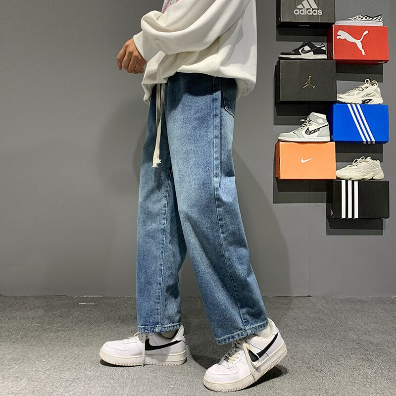 Autumn New Men's Baggy Grey Jeans Streetwear Loose Straight Elastic Waist Design Ankle-Length Pants Korean Skate Pants