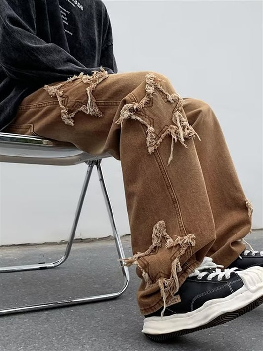 New Fashion Stars Towel Embroidery Brown Baggy Men Jeans Pants Y2K Clothes Straight Hip Hop Cotton Trousers Pantalon Homme