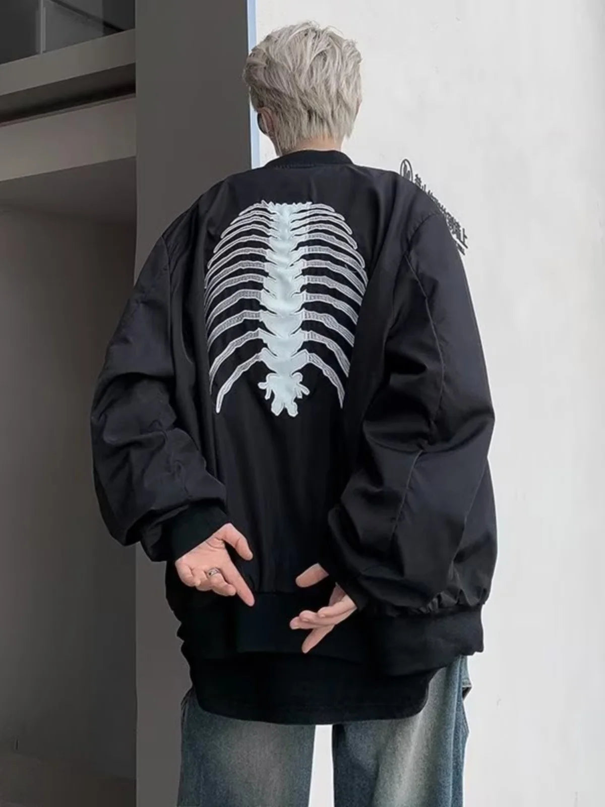 American High Street Hiphop Skeleton Embroidered Baseball Coat Men's Autumn Fashion Brand Dark Black Pilot Jacket fall