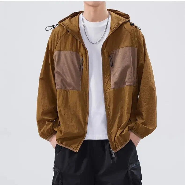 Summer Thin Outdoor Breathable Sunscreen Clothes Men and Women Loose Hooded UV Ice Silk Jacket Zipper Drawstring UPF50+