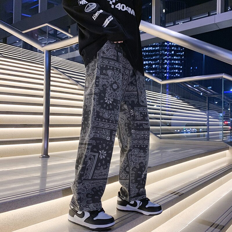 Spring New Men's Printed Black Baggy Jeans Korean Style  Denim Straight-leg Wide-leg Pants Male Trendy Brand Trousers