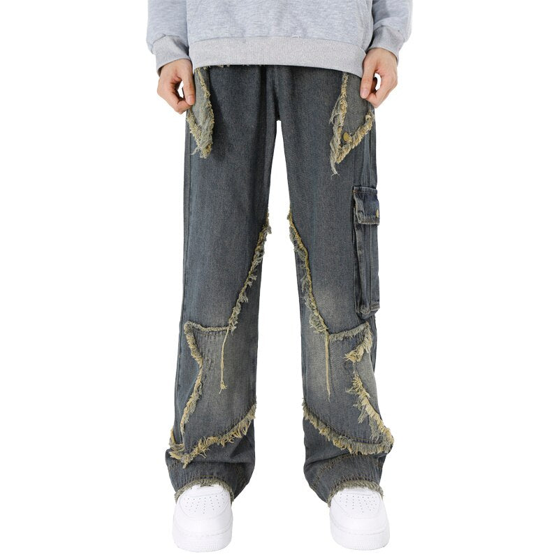 Star embroidered tassel jeans for men's spring and autumn American style ruffian handsome casual street high street vibe style