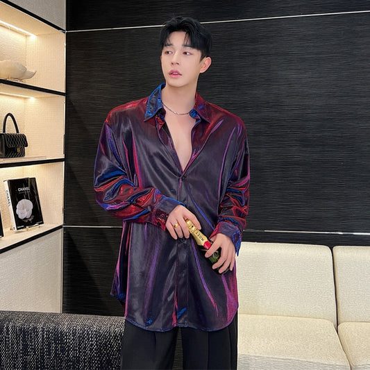 Men Casual Shirt Trendy Liquid Versatile Shiny Design Fashion Loose Long Sleeve Top Korean Style Personality Clothing 9C584