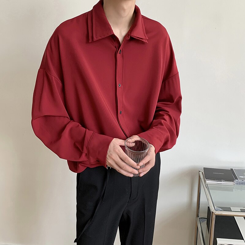 Long sleeve shirt men Double Collar Ice Silk Shirt Men Vintage Wine Red Shirts Men Korean Comfortable Blouse Casual Loose Shirt