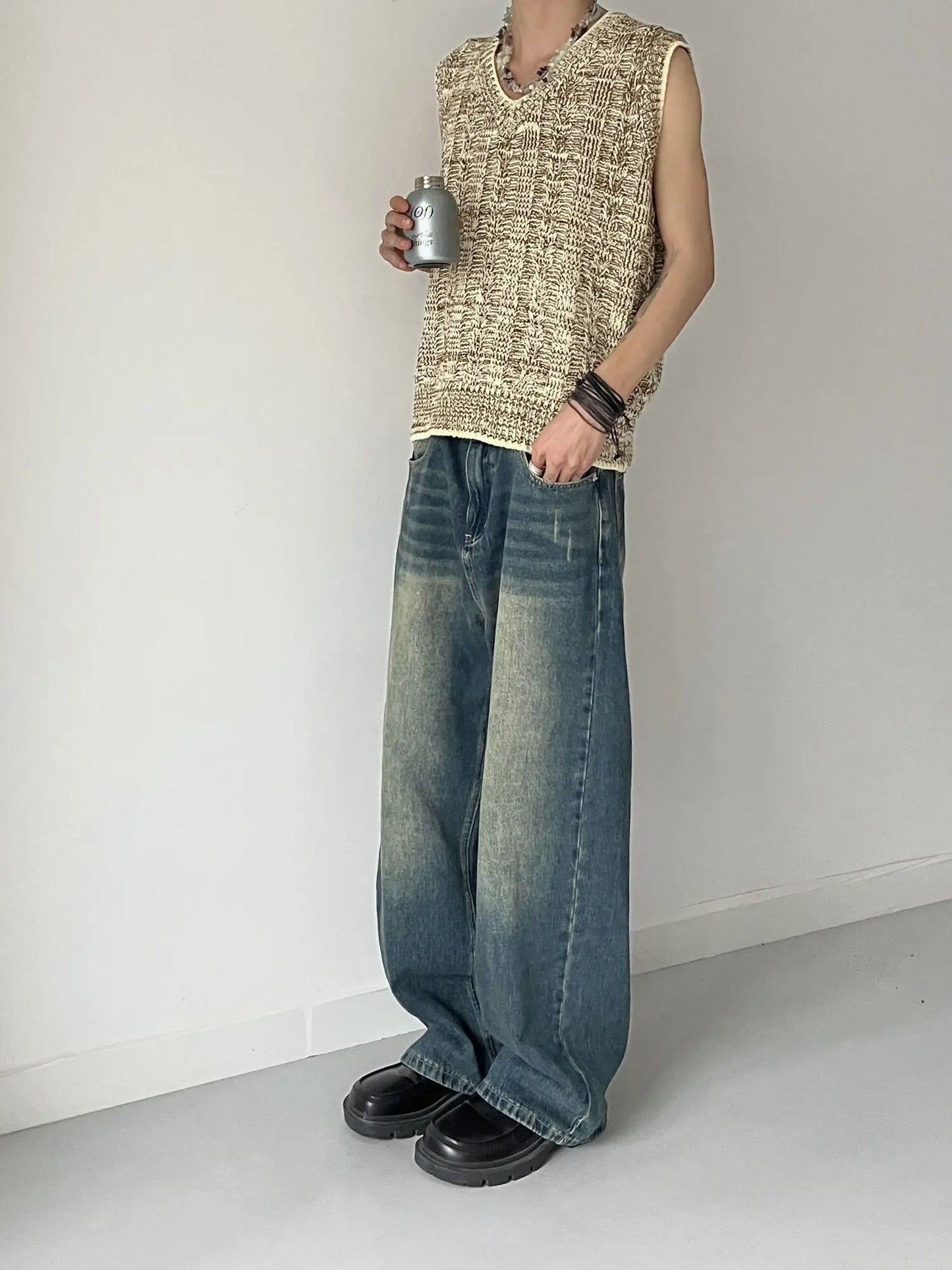 LIMITED LESS Washable Old Cat Beard Worn Loose Wide Leg Versatile Jeans and Pants for Men and Women