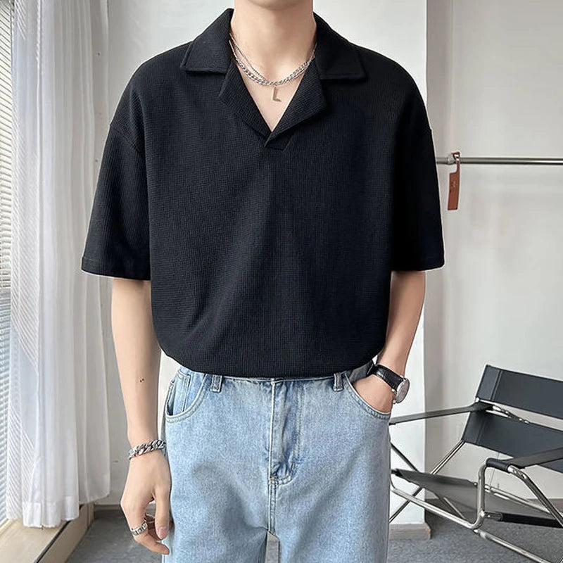 Men's Clothing Fashion Street Casual Office Lady Loose Solid Short Sleeve Temperament Summer Thin Turn-down Collar T-Shirt