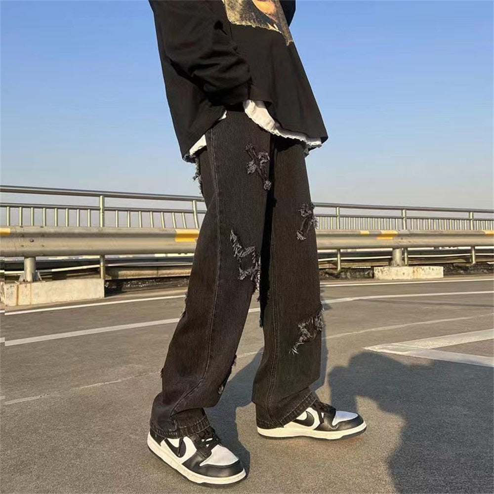 Men's Denim Pants Fashion Loose Wide Leg Jeans Casual Streetwear Printed Cross Trousers jeans Pants Baggy Men Jeans