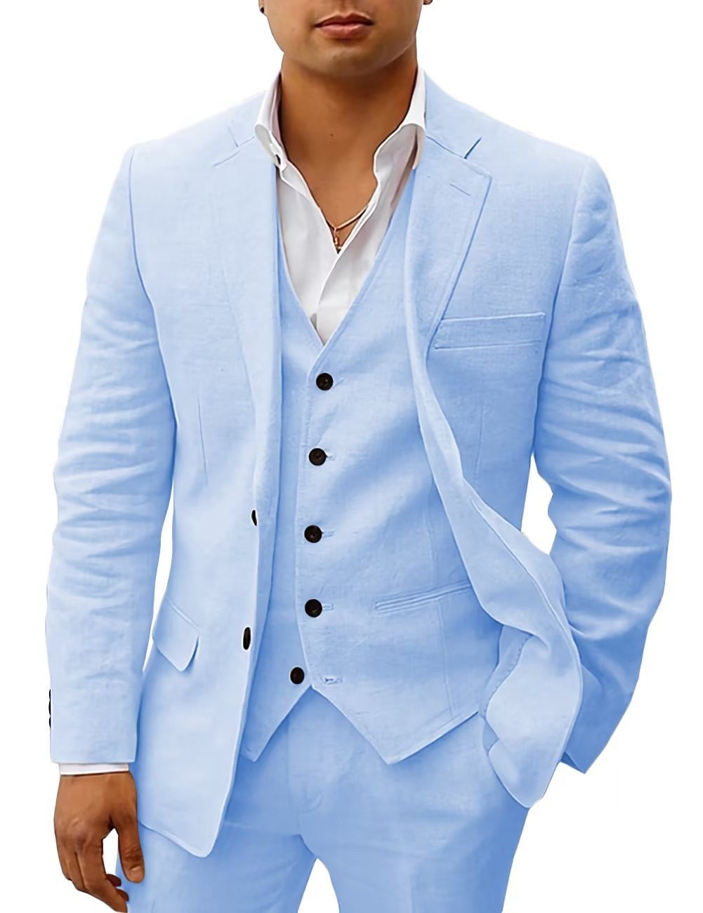 3Pcs Summer Linen Men Suits Jacket+Vest+Pants Solid Color Notch Lapel Formal Tuxedo Groom Beach Business Party Blazer Set