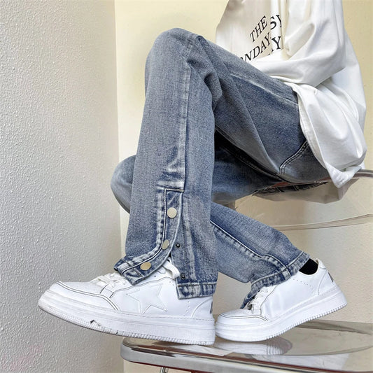 2024 Spring New Streetwear Men's Slim Fit Vintage Blue Skinny Jeans Korean Fashion Side-breasted Slit Hole Denim Pants Male