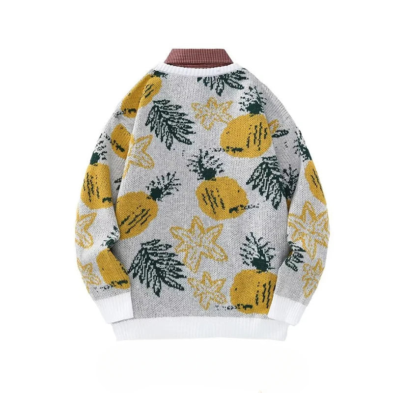 Pineapple-pattern Sweaters Men Baggy Autumn Japanese Style Casual Popular Jacquard Knitwear High Street Slouchy Harajuku Daily