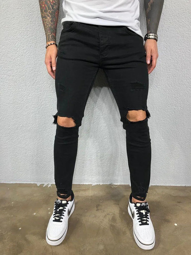 FORUWISH  -  Fashion Street Style Knee Ripped Skinny Jeans Men Vintage Wash Solid Denim Trouser Mens Casual Slim Jogging Pants Men Clothes