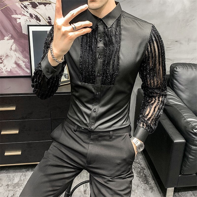 Sexy Transparent Stripe Shirt Men 2023 Harajuku Fashion White Button Down Korean Long Sleeve Casual Dress Shirt Singer Costume