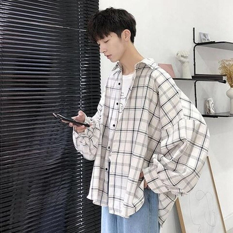 Spring New Style Plaid Shirts Men Women Korean Loose Long Sleeve Blouse Female Casual Button Up Tops for Teen