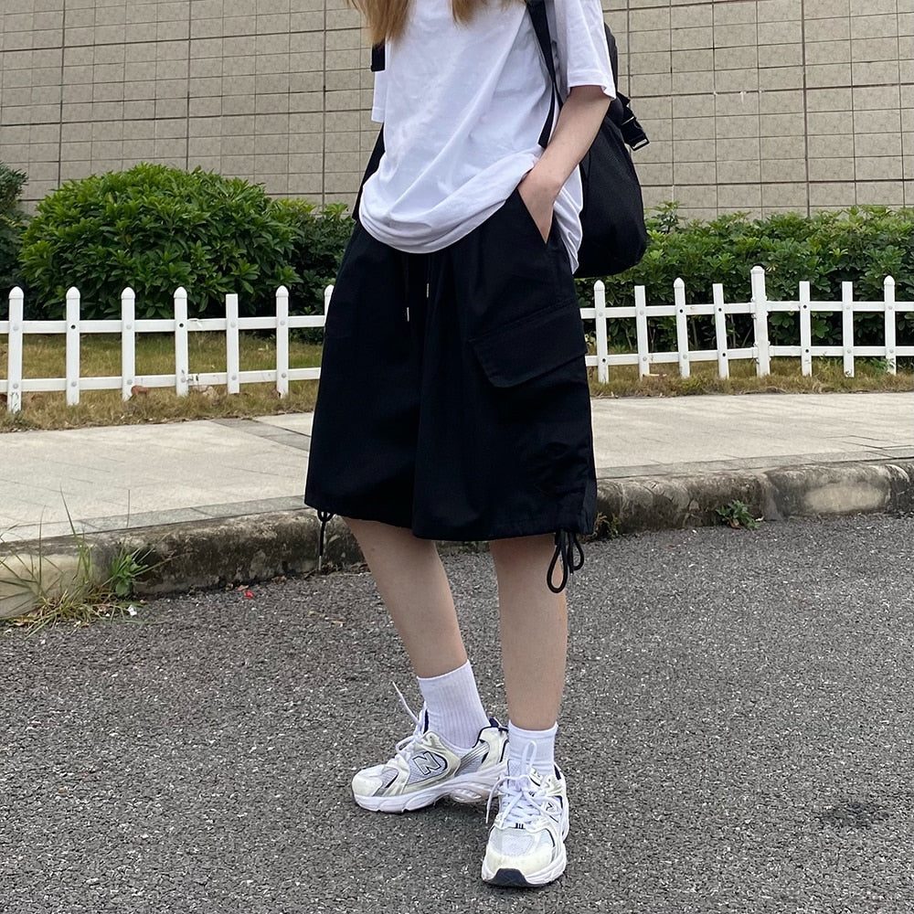 Summer Drawstring Cargo Shorts Ins Trend Streetwear Vintage Wide Leg Half Pants Plus Size Loose Casual Pants Men and Women