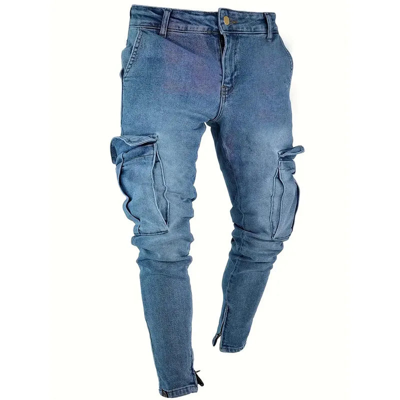 FORUWISH  -  Street Elastic Jeans Men Denim Cargo Pants Solid Color Multi Pockets Bottom zipper Casual Trousers Slim Fit Daily Wear Joggers