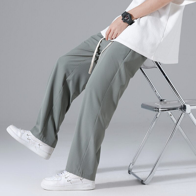 Summer Ultra-thin Men's Casual Pants Quick-drying Cool Baggy Straight Trousers Comfortable Elastic Waist Fashion Ice Silk Pants