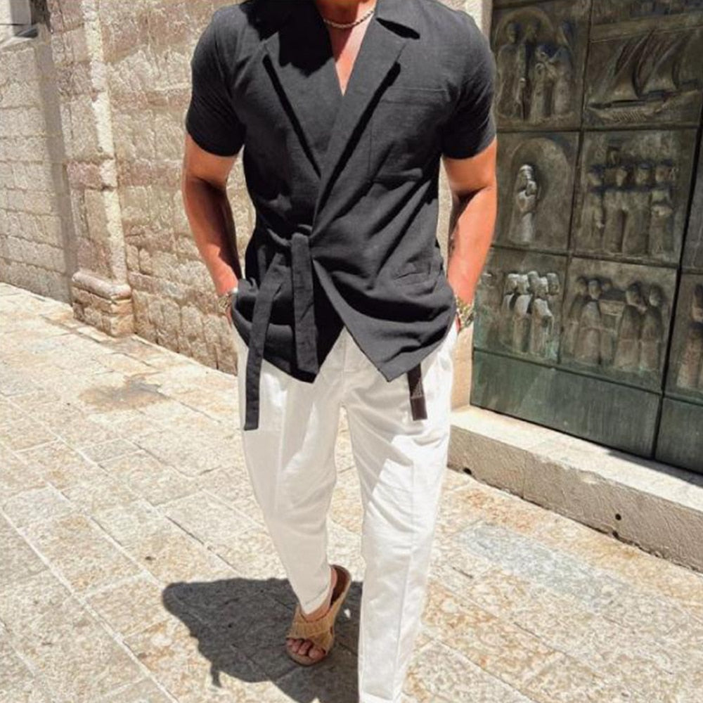 Summer Solid Color Linen Short-sleeved Shirt Suit Lapel Strap French Elegant Gentleman Loose Casual Simple Top Men's Clothing