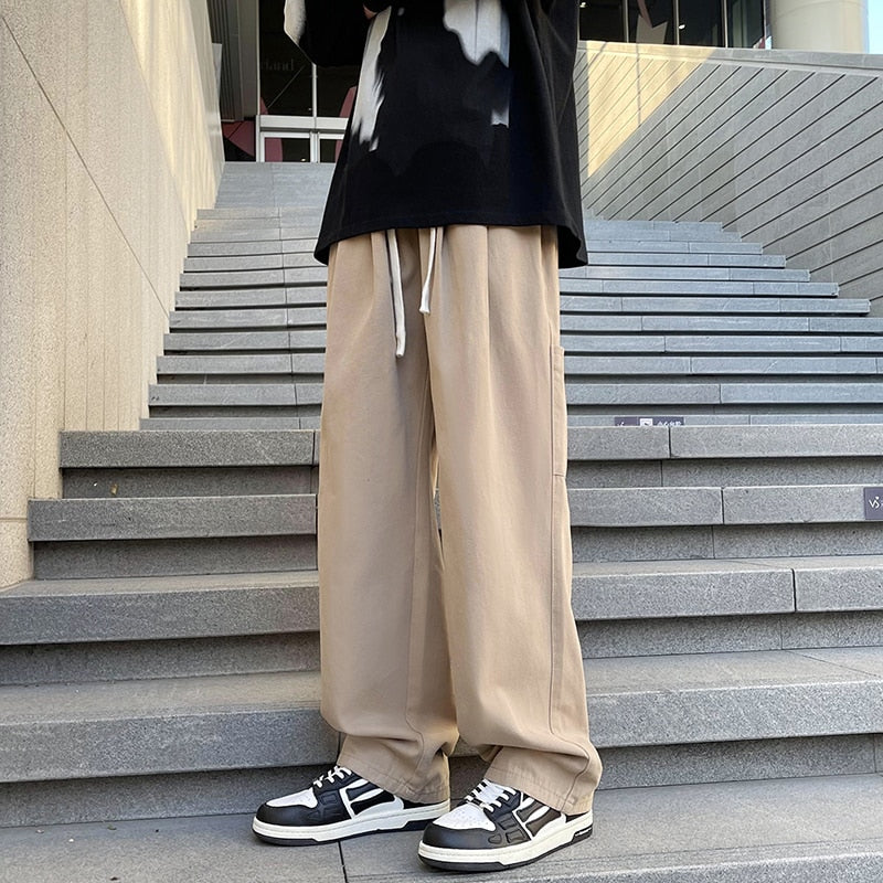 Summer Men's Straight Loose Khaki Thin Casual Pants Korean Fashion Streetwear Elastic Waist Soft Simple Trousers Male