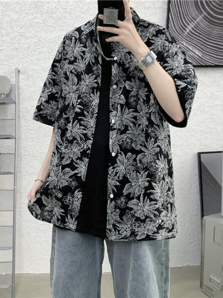 Summer New Beach Print Men Shirts Hip Hop Short Sleeve Button Down Blouse Fashion Loose Tops Teens