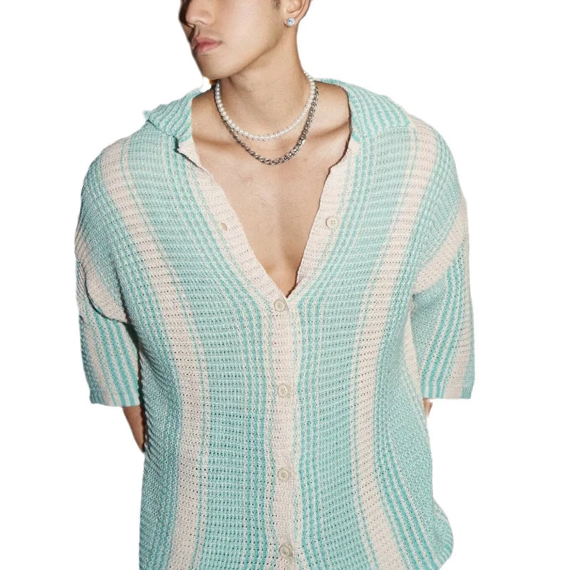 Fashion Contract Color Short Sleeve Button Lapel Tops Men Clothing Casual Loose Beach Cardigan 2024 Summer Mens Knitted Shirts