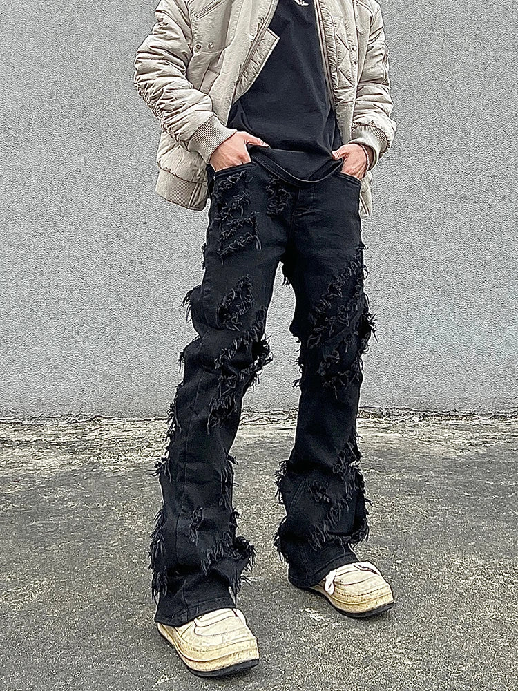 Destroyed Erosion Jeans Men's Ins Fashion Brand ro Pants High Street vibe Broken Straight Barrel Micro Flared Pants