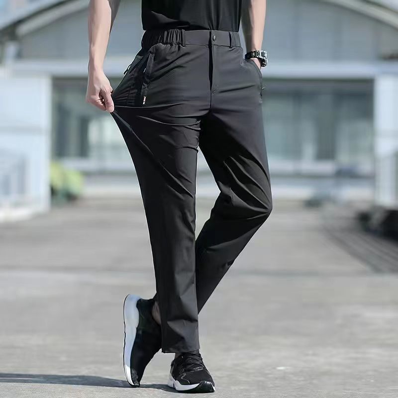 Large Size Men's Summer Pants Big Size Ice Silk Stretch Breathable Straight Leg Pants 6XL Quick Dry Elastic Band Black Trousers