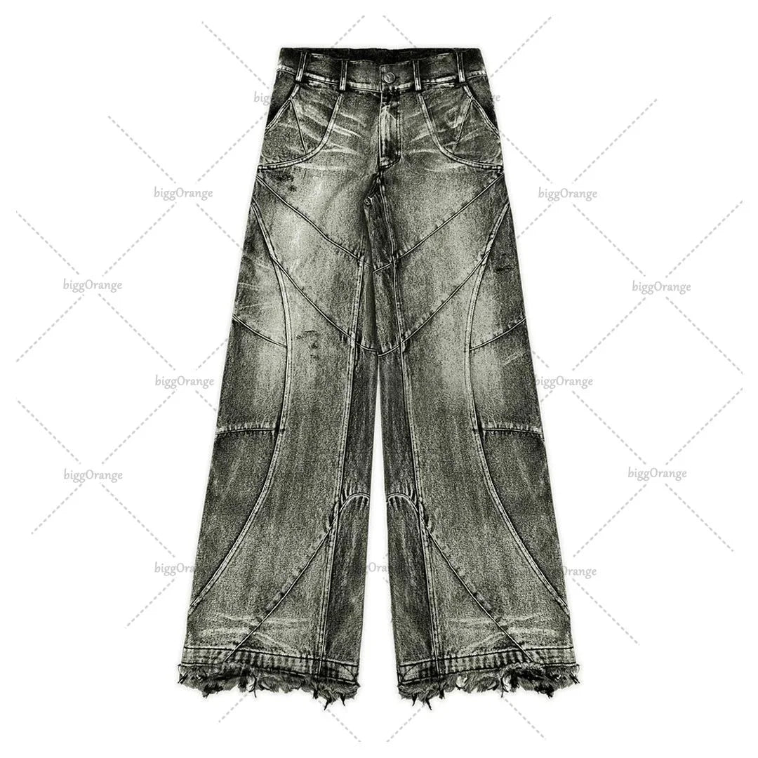 FORUWISH  -  Y2k Fashion New American Tassel Black And Gray Washed Jeans Men Street Gothic Punk Style Teenagers Retro Loose Wide-leg Pants